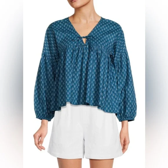 Faherty Women’s Navy Lyla Organic Cotton Floral Drop Shoulder Top Blouse - XL - Picture 1 of 11